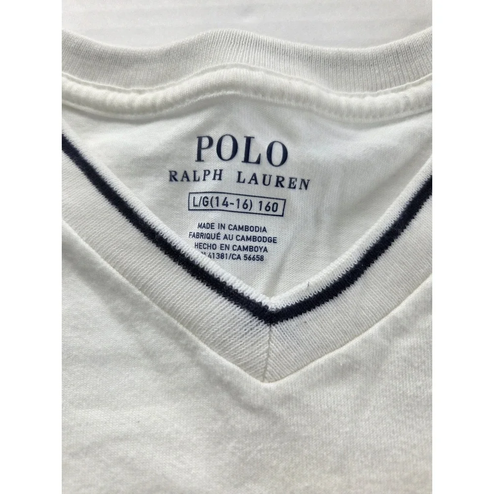 Polo Ralph Lauren Boys White V-Neck T-Shirt Navy Pony Logo Size Large 14-16